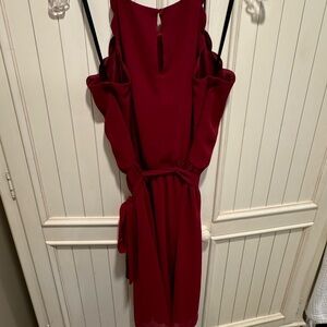 BCX Red Chiffon Scalloped Edge Tie Waist Sleeveless A-Line Dress Round Neck S